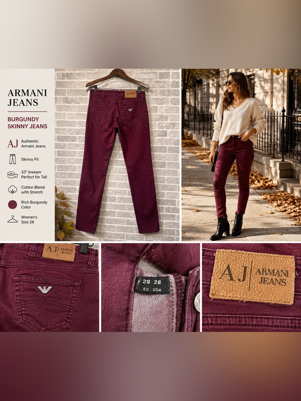 AJ‎ Armani Jeans Plum Burgundy Skinny Pants Tall 28 Designer Denim